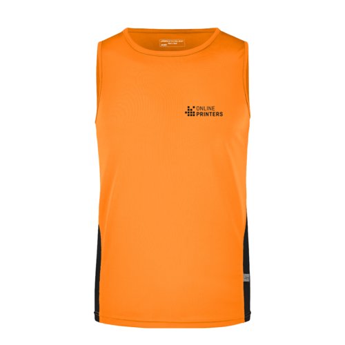 Orange polyester tanktop til mnd med sorte sidepaneler.