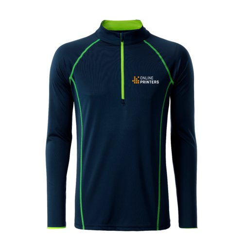 Marinebl funktionel langrmet trje i polyester med kort lynls.