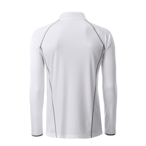Hvid polyester langrmet trje med slvfarvede detaljer.