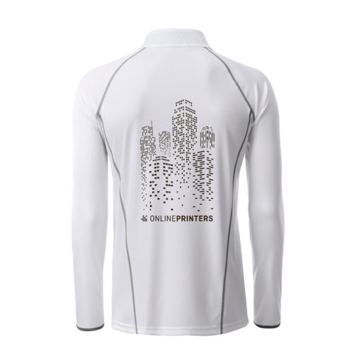 Hvid polyester langrmet trje til mnd med slvfarvede detaljer.