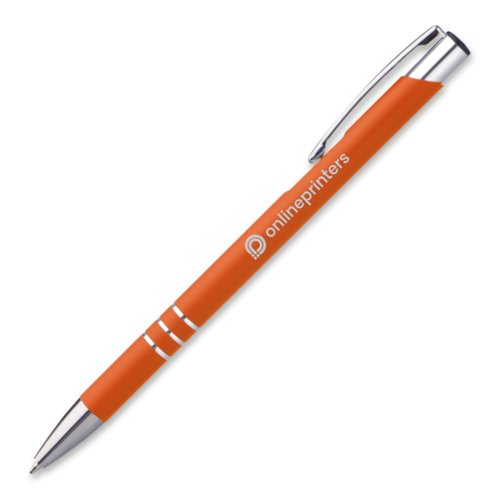 Orange metal-kuglepen med clip og trykmekanisme.