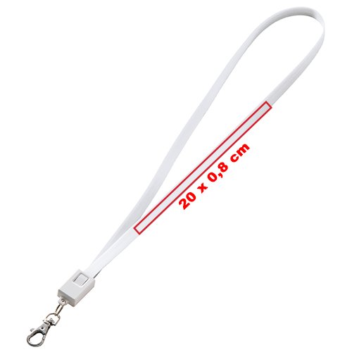 Hvid polyester lanyard med karabinhage og universelt ladekabel.