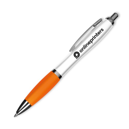Orange plastikkuglepen med klips og trykknap.