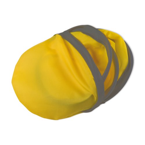 Gul, foldbar stof-frisbee med elastiske holdere.