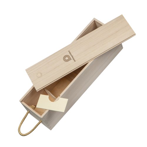 Beige vinkasse i tr med lg og rebhndtag.