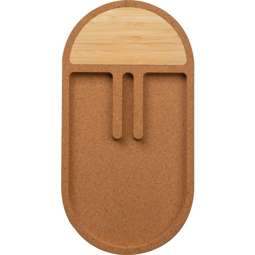 Beige skrivebordsorganiser i kork og bambus med rum.