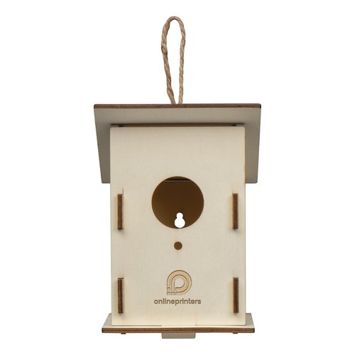 Beige fuglehus i tr med rebophng.