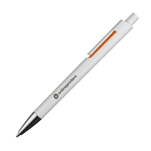 Orange plastik kuglepen med klips og trykknap.