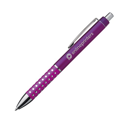 Violet metalkuglepen med klips og trykknap.