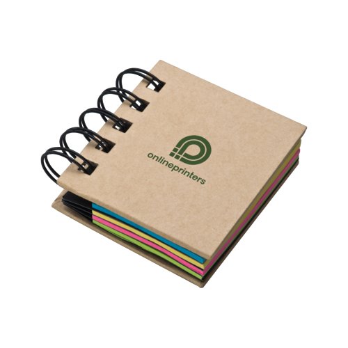 Notesblok med farverige sticky notes og spiralbinding.