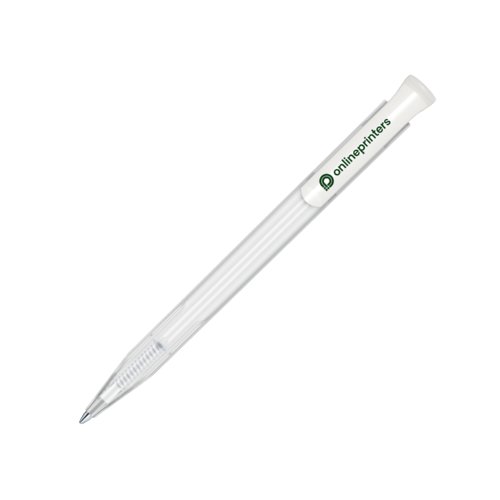 Hvid plastik kuglepen med trykknap og klips.
