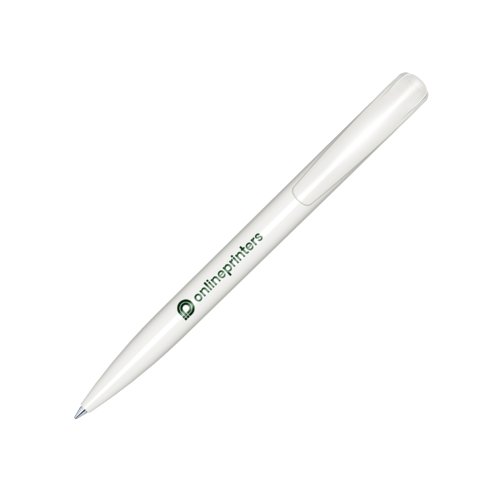Hvid plastikkuglepen med blank finish og trykmekanisme.
