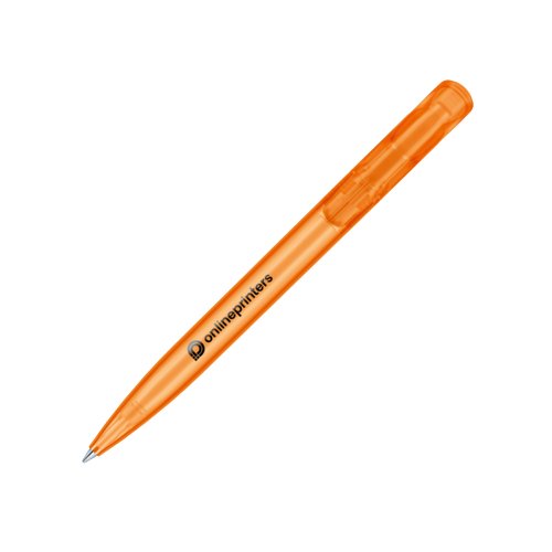 Orange plastikkuglepen med trykknap.