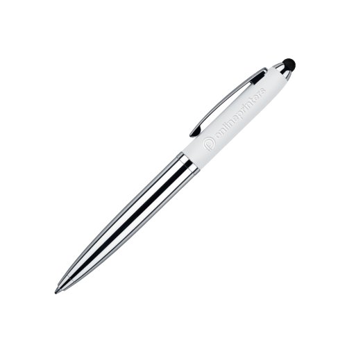 Hvid drejebolpen i plast og metal med touchpad-funktion og clip.