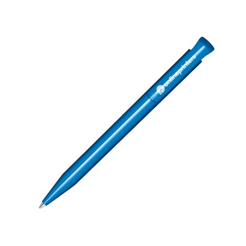 Bl plastik kuglepen med blank finish og trykknap.