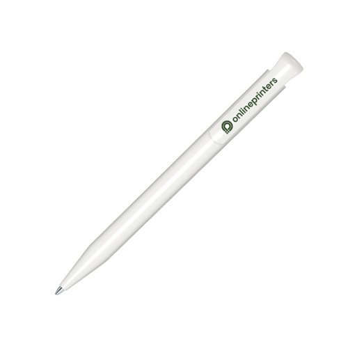 Hvid plastikkuglepen med glat finish og trykmekanisme.