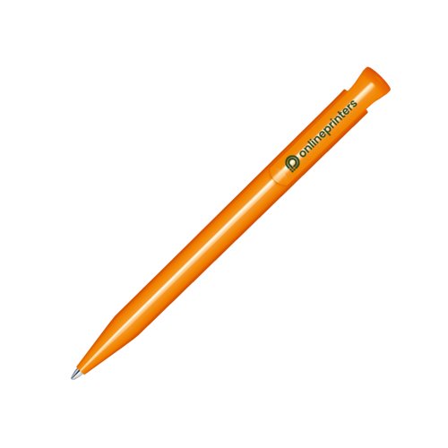 Orange plastikkuglepen med poleret finish og trykmekanisme.