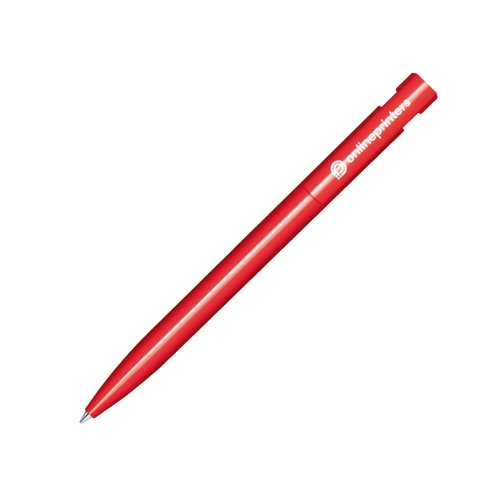 Rd plastikkuglepen med poleret finish og trykknapmekanisme.