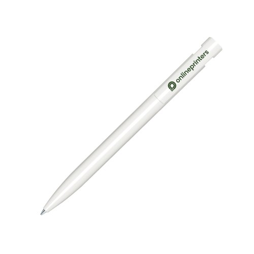 Hvid plastik kuglepen med trykmekanisme.