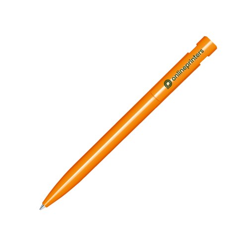 Orange plastik kuglepen med poleret finish og trykmekanisme.