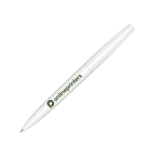Hvid plastikkuglepen med drejemekanisme.