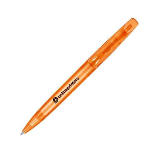 Orangefarvet drejekuglepen i plast med klips.