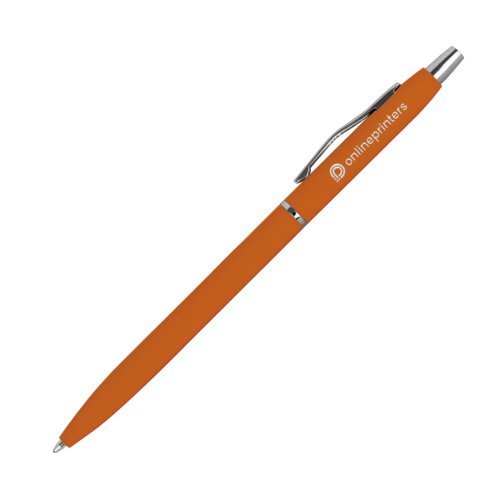 Orange metal-kuglepen med clip og trykmekanisme.