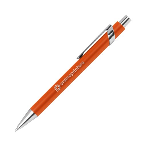 Orange metal-kuglepen med mnster, clip og trykmekanisme.
