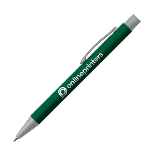 Grn plastik kuglepen med klips og trykmekanisme.