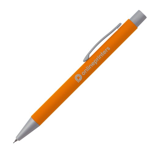 Orange trykblyant med clip og trykmekanisme.