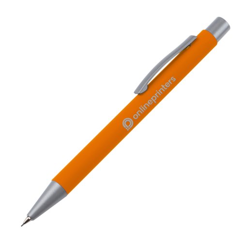 Orange trykblyant med clip og trykmekanisme.