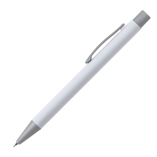 Hvid trykblyant med klips og trykmekanisme.