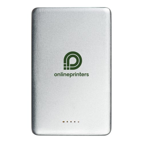 Slvfarvet powerbank med USB-port til opladning af enheder.