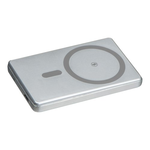 Gr powerbank med opladningsfunktion og USB-port.