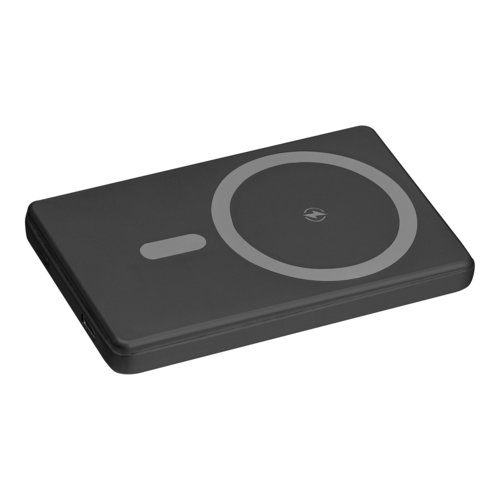 Sort powerbank med en kapacitet p 5.000 mAh.