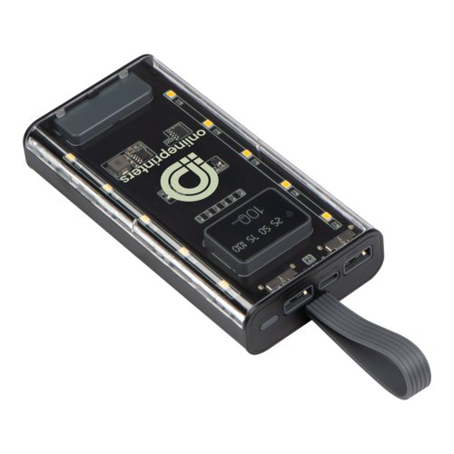 Transparent powerbank med USB-porte og brerem.