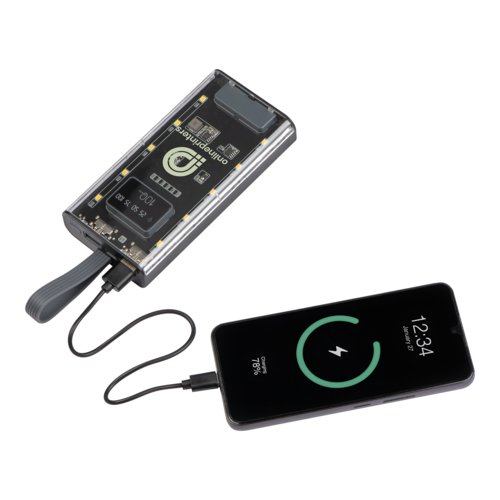 Transparent powerbank med USB-port og opladningsindikator.