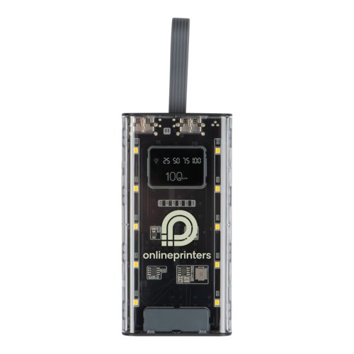 Gennemsigtig powerbank med batteriindikator og USB-porte.