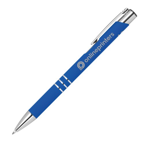 Bl gelpen med klips og trykknapmekanisme.