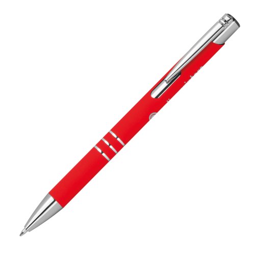 Rd gelpen med mnster, metalelementer og trykmekanisme.