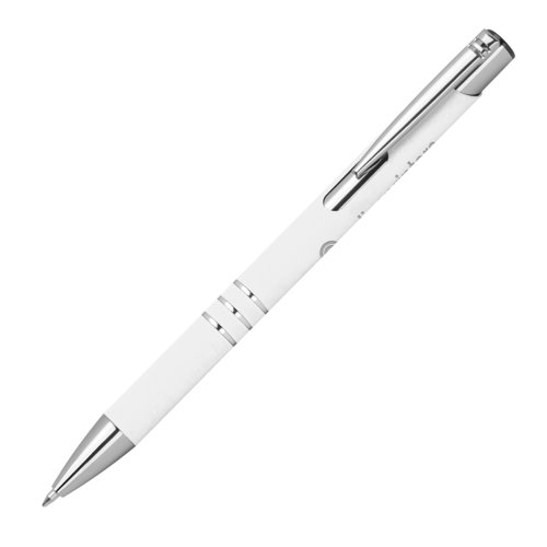 Hvid plastisk gelpen med metalelementer og klips.