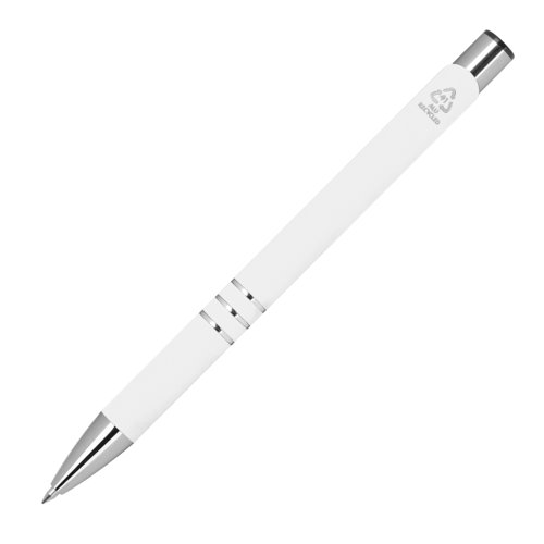 Hvid gel blk pen med metalelementer og trykmekanisme.