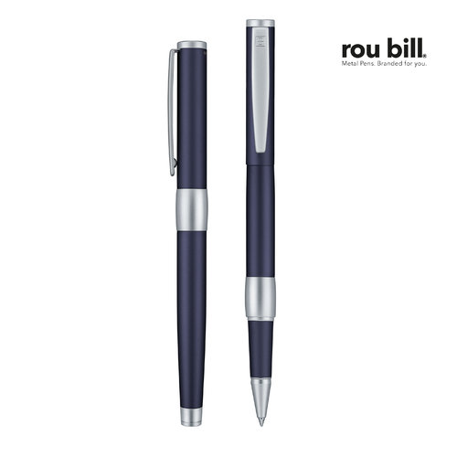Bl metal-rollerballpen med htte og kromdetaljer.