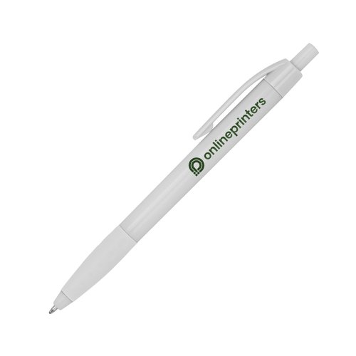 Hvid plastik kuglepen med klips og trykknap.