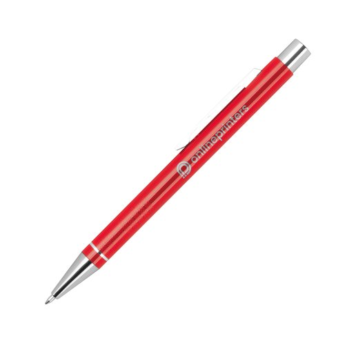 Rd gelpen med klips og trykmekanisme.