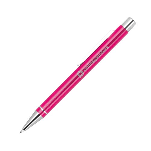 Pink gelpen med klips og trykmekanisme.