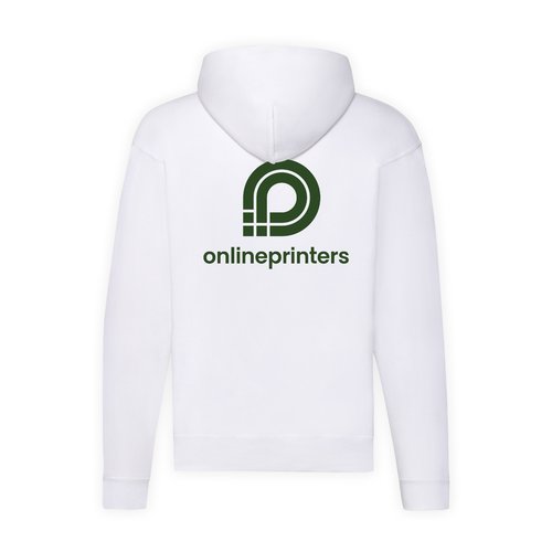 Hvid bomuldsblanding herre sweatshirt med htte og fuld lynls.
