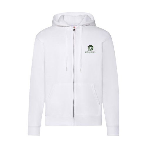 Hvid bomuld-polyester herre sweatshirt med htte og fuld lynls.