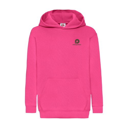 Fuchsia bomuld-polyester httetrje til brn med htte og kngurulomme.