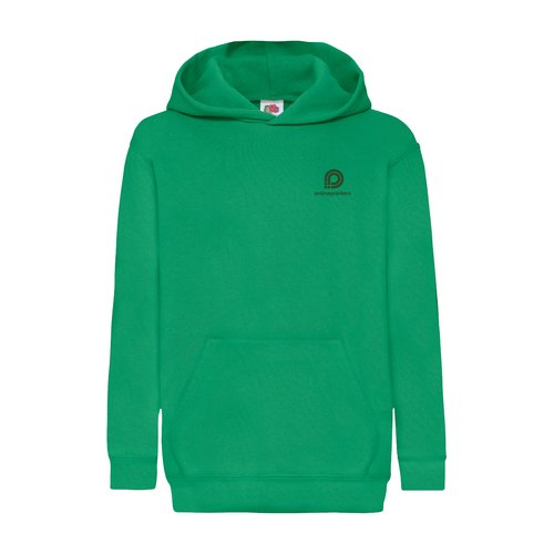 Grn bomuld-polyester httetrje til brn med htte og kngurulomme.